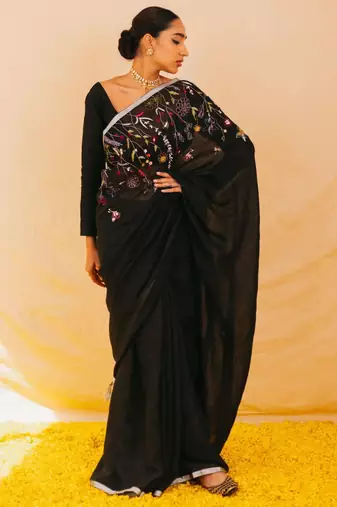 Black  handloom linen saree with hand embroidered work