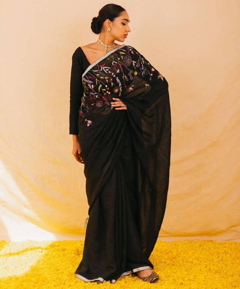 Black  handloom linen saree with hand embroidered work