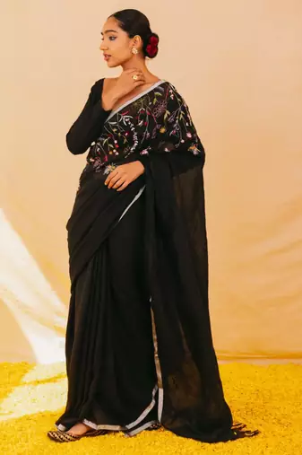 Black  handloom linen saree with hand embroidered work