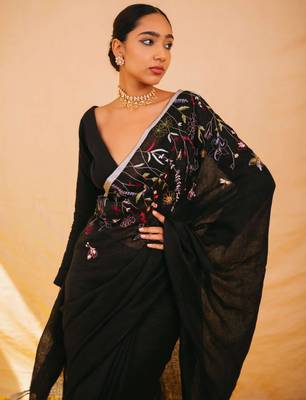 Black  handloom linen saree with hand embroidered work 3