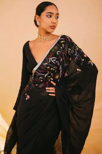 Black  handloom linen saree with hand embroidered work