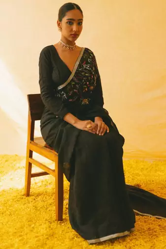 Black  handloom linen saree with hand embroidered work