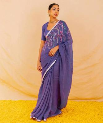 Purple handloom linen saree with hand embroidered work 1