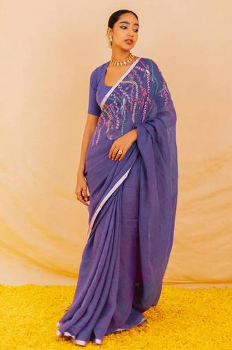 Purple handloom linen saree with hand embroidered work