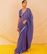 Purple handloom linen saree with hand embroidered work