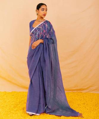 Purple handloom linen saree with hand embroidered work 2