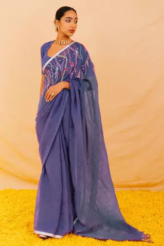 Purple handloom linen saree with hand embroidered work
