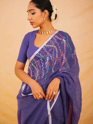 Purple handloom linen saree with hand embroidered work 3