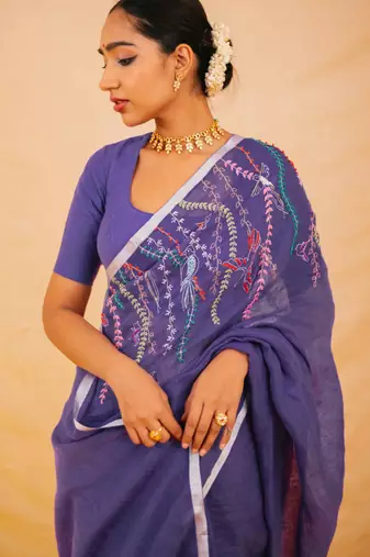 Purple handloom linen saree with hand embroidered work