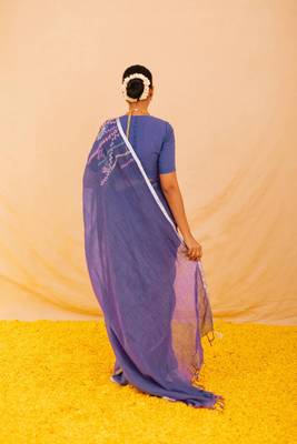 Purple handloom linen saree with hand embroidered work 4