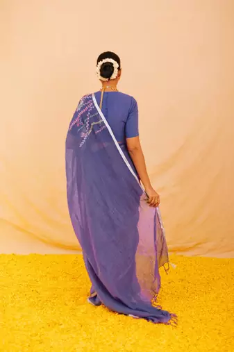 Purple handloom linen saree with hand embroidered work
