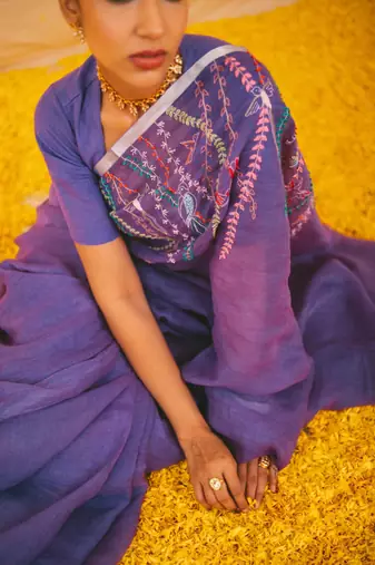 Purple handloom linen saree with hand embroidered work