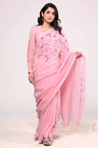 Pink handloom linen saree with hand embroidered work