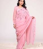 Pink handloom linen saree with hand embroidered work
