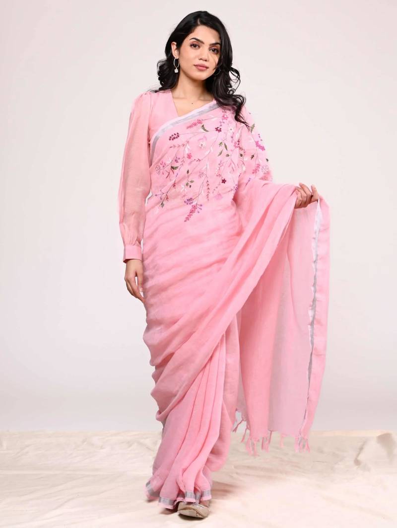 Pink handloom linen saree with hand embroidered work