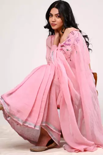 Pink handloom linen saree with hand embroidered work