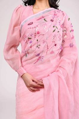 Pink handloom linen saree with hand embroidered work 4