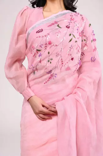 Pink handloom linen saree with hand embroidered work