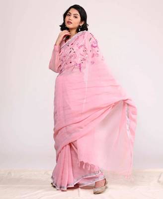 Pink handloom linen saree with hand embroidered work 5