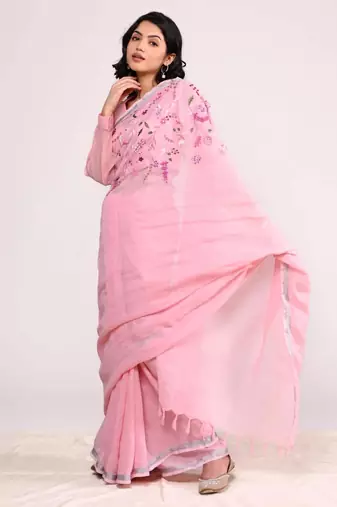 Pink handloom linen saree with hand embroidered work