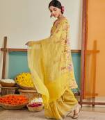 Yellow handloom linen saree with hand embroidered work