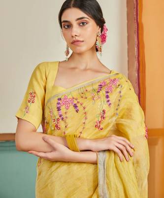 Yellow handloom linen saree with hand embroidered work 4