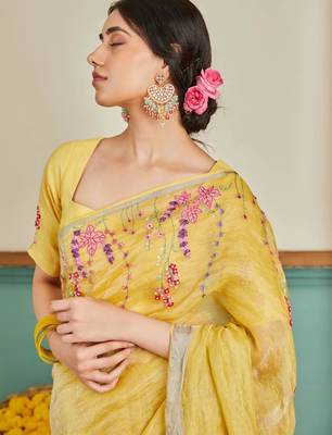 Yellow handloom linen saree with hand embroidered work 5