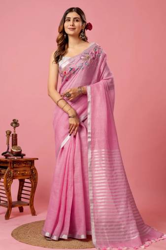 Pink handloom linen saree with hand embroidered work