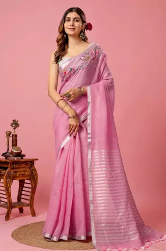 Pink handloom linen saree with hand embroidered work
