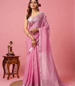 Pink handloom linen saree with hand embroidered work
