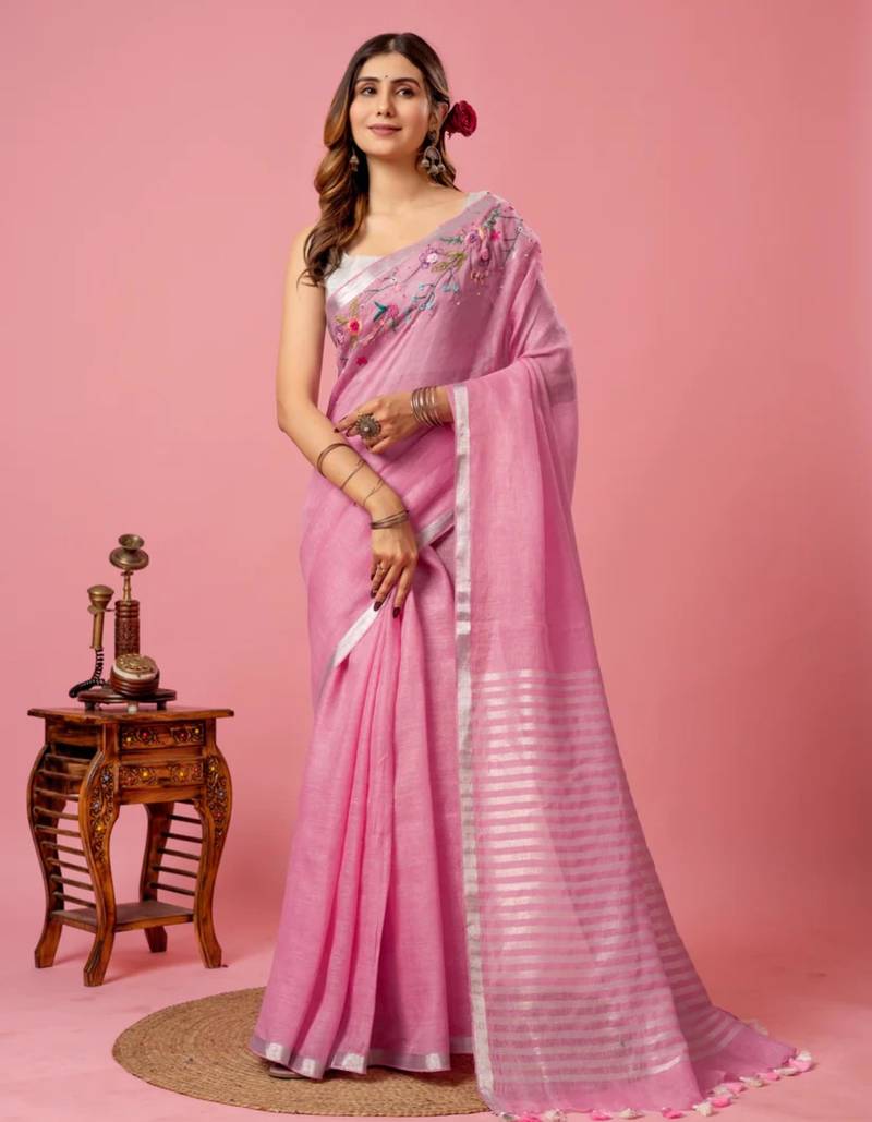 Pink handloom linen saree with hand embroidered work