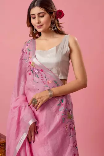 Pink handloom linen saree with hand embroidered work