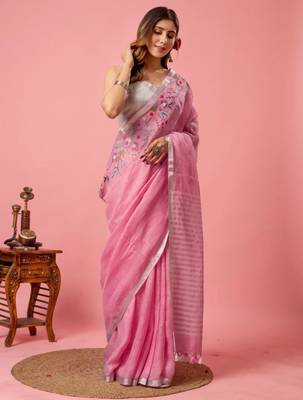Pink handloom linen saree with hand embroidered work 4
