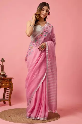 Pink handloom linen saree with hand embroidered work