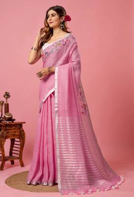 Pink handloom linen saree with hand embroidered work 5