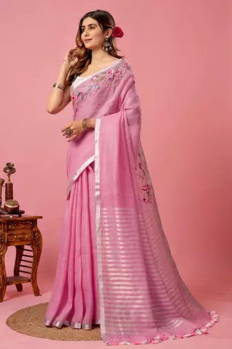 Pink handloom linen saree with hand embroidered work