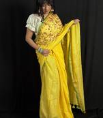Yellow handloom linen saree with hand embroidered work