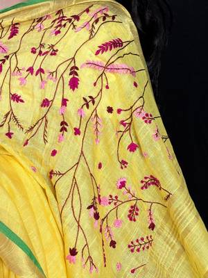 Yellow handloom linen saree with hand embroidered work 2
