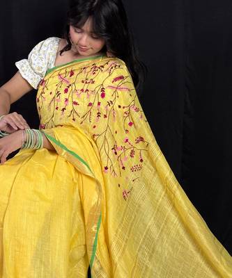 Yellow handloom linen saree with hand embroidered work 3
