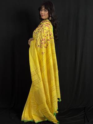 Yellow handloom linen saree with hand embroidered work 5