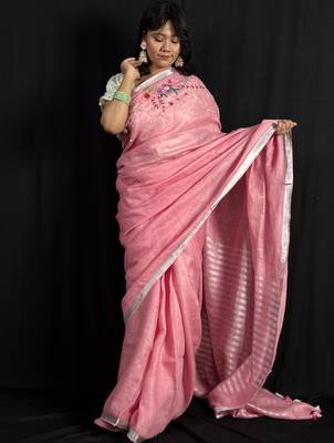 Pink handloom linen saree with hand embroidered work 1