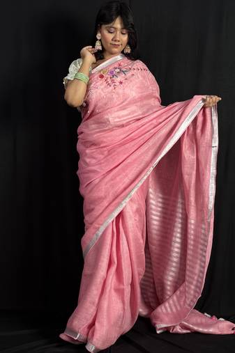 Pink handloom linen saree with hand embroidered work