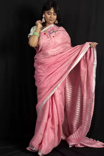 Pink handloom linen saree with hand embroidered work