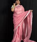 Pink handloom linen saree with hand embroidered work