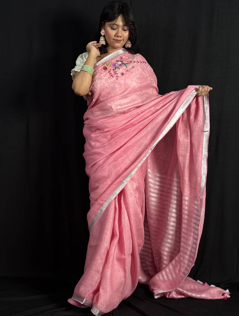 Pink handloom linen saree with hand embroidered work