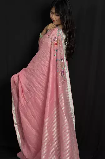 Pink handloom linen saree with hand embroidered work
