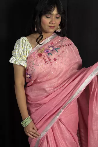 Pink handloom linen saree with hand embroidered work