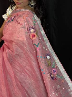 Pink handloom linen saree with hand embroidered work 4