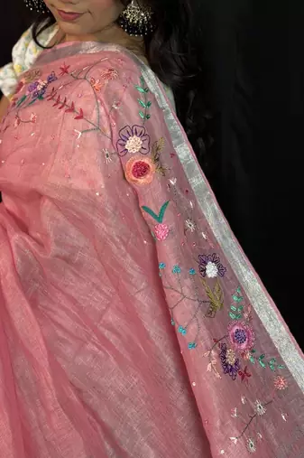 Pink handloom linen saree with hand embroidered work