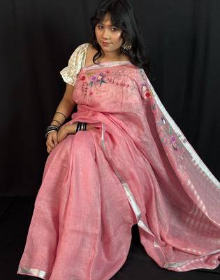 Pink handloom linen saree with hand embroidered work 5
